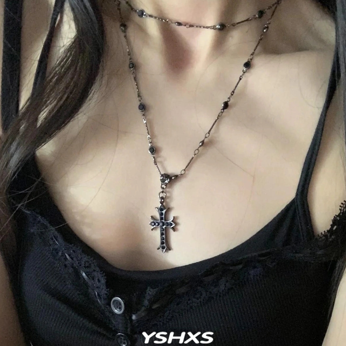 Accessories Double Layer Black Cross Choker Necklace