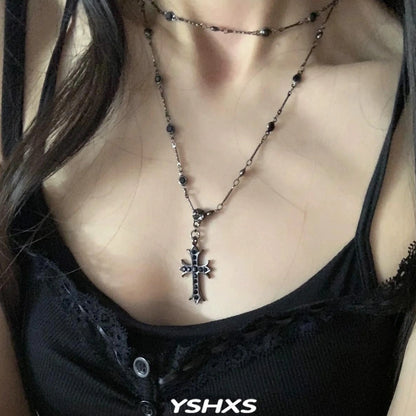 Accessories Double Layer Black Cross Choker Necklace
