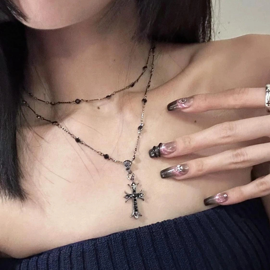 Accessories Double Layer Black Cross Choker Necklace