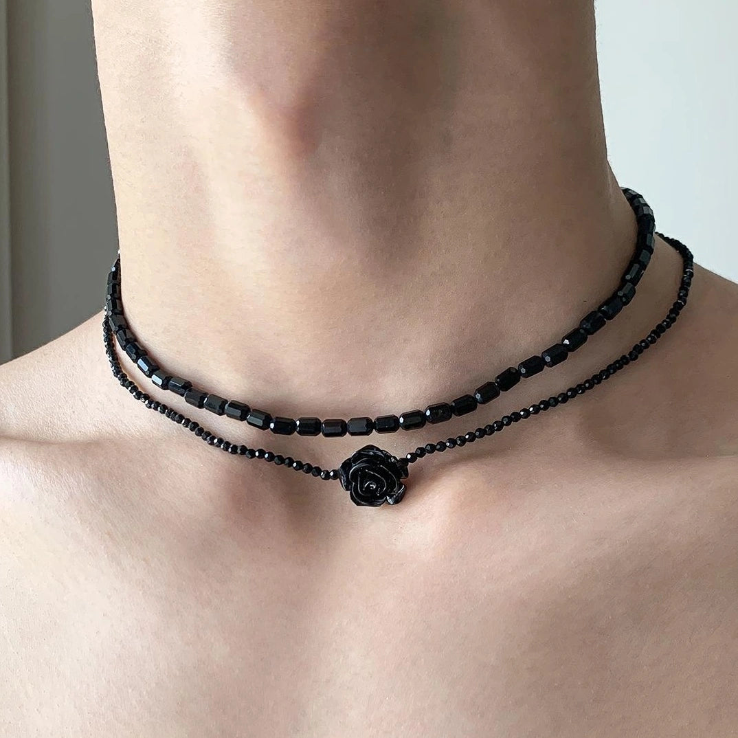 Accessories Double Layer Black Rose Beaded Necklace