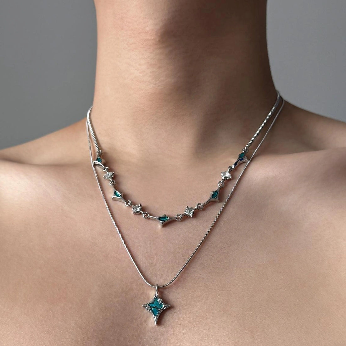 Double Layer Blue Zircon Star Necklace