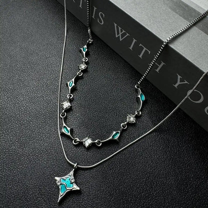 Double Layer Blue Zircon Star Necklace