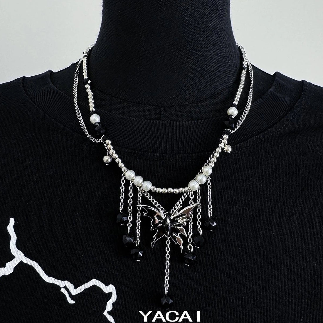 Accessories Double Layer Butterfly Fringe Pearl Chain Necklace