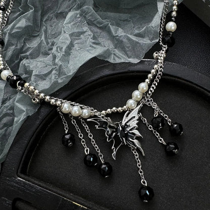Accessories Double Layer Butterfly Fringe Pearl Chain Necklace