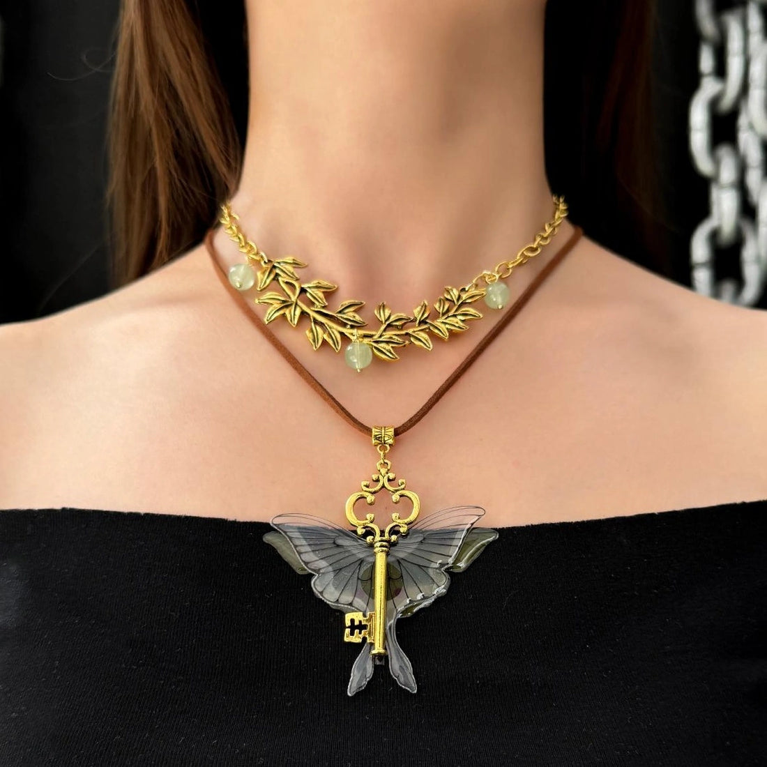Accessories Double Layer Butterfly Pendant Necklace