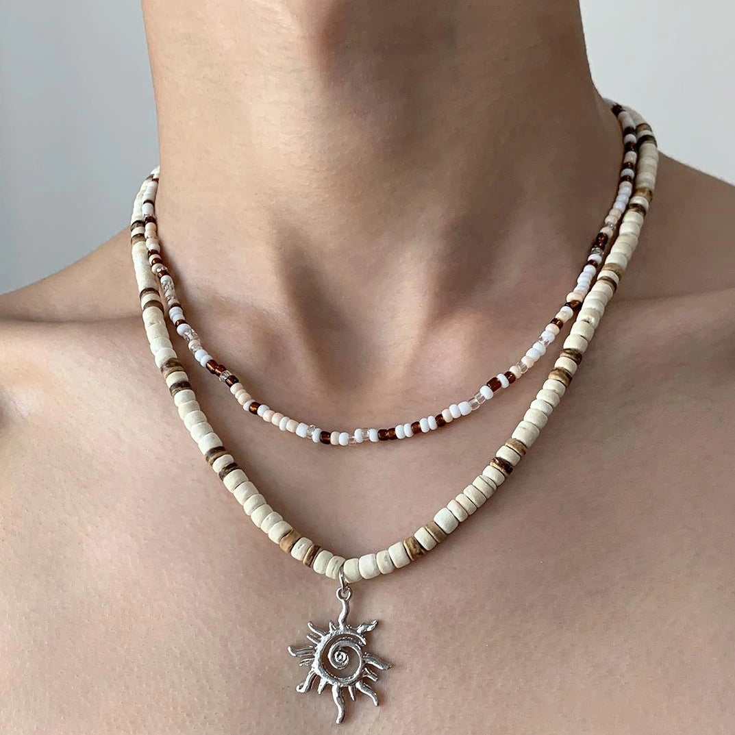 Accessories Double Layer Coconut Bead Necklace With Sun Pendant