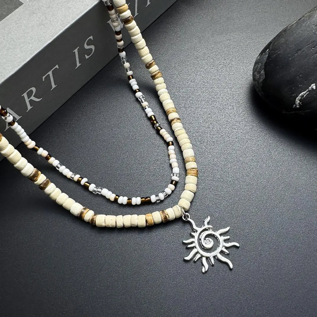 Accessories Double Layer Coconut Bead Necklace With Sun Pendant