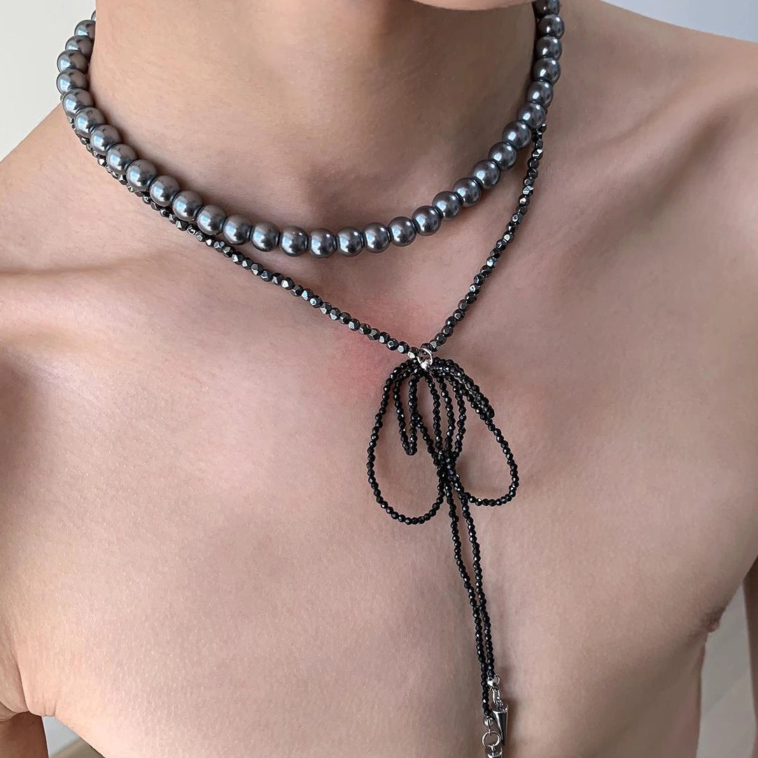 Accessories Double Layer Pearl Crystal Bow Necklace