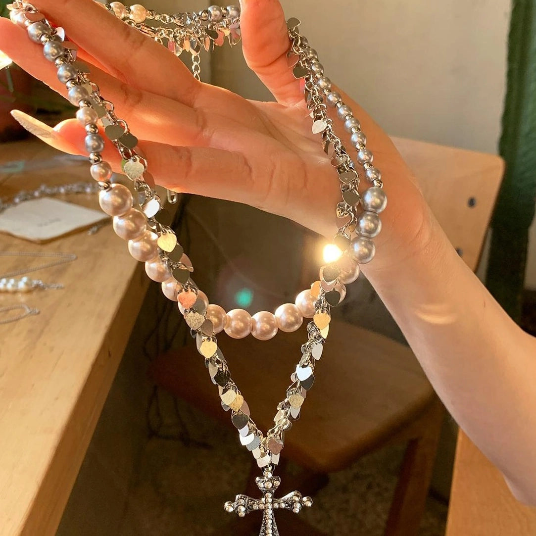 Accessories Double Layer Pearl Tassel Cross Necklace