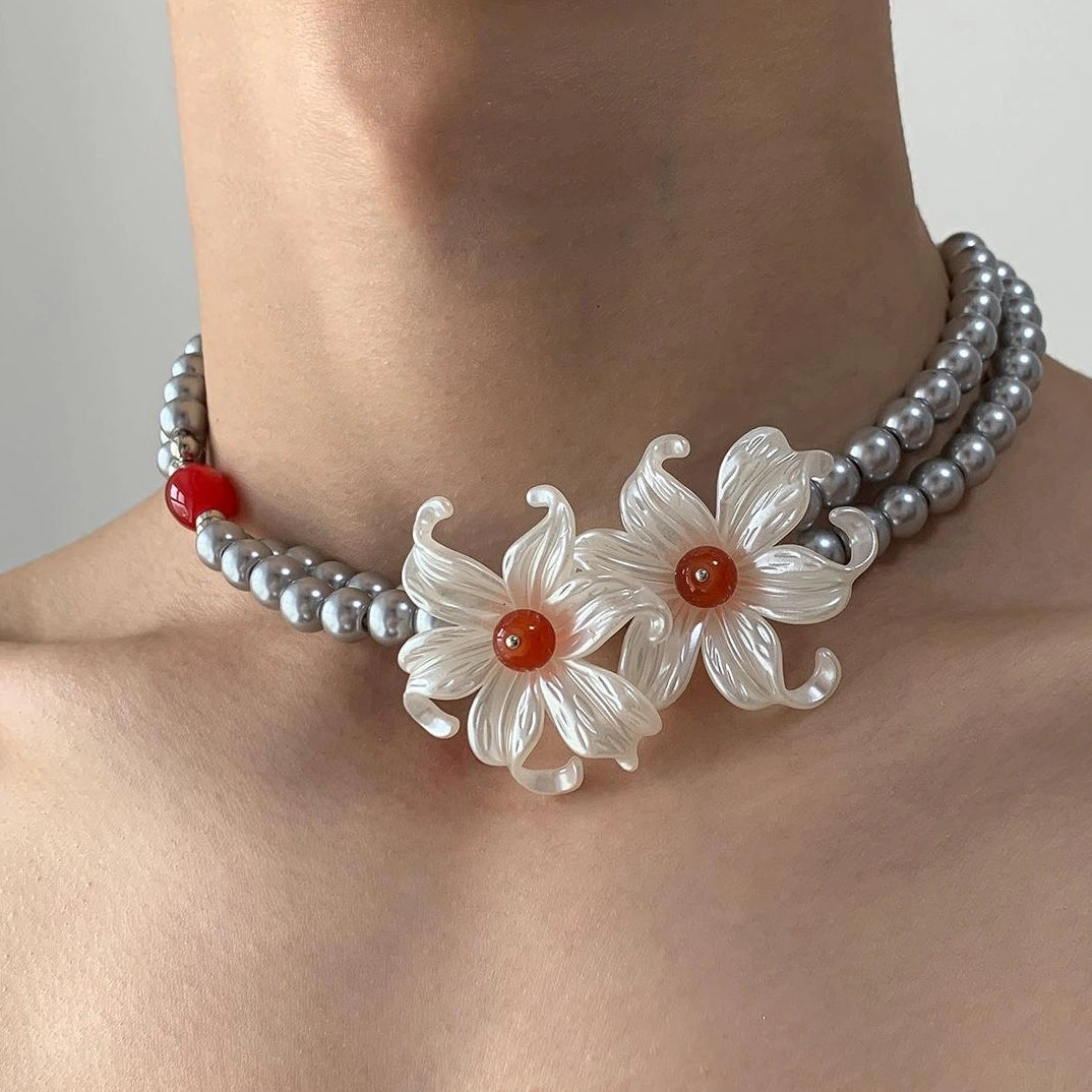 Accessories Elegant White Lily Grey Pearl Double Layer Necklace