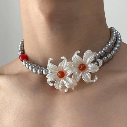 Accessories Elegant White Lily Grey Pearl Double Layer Necklace