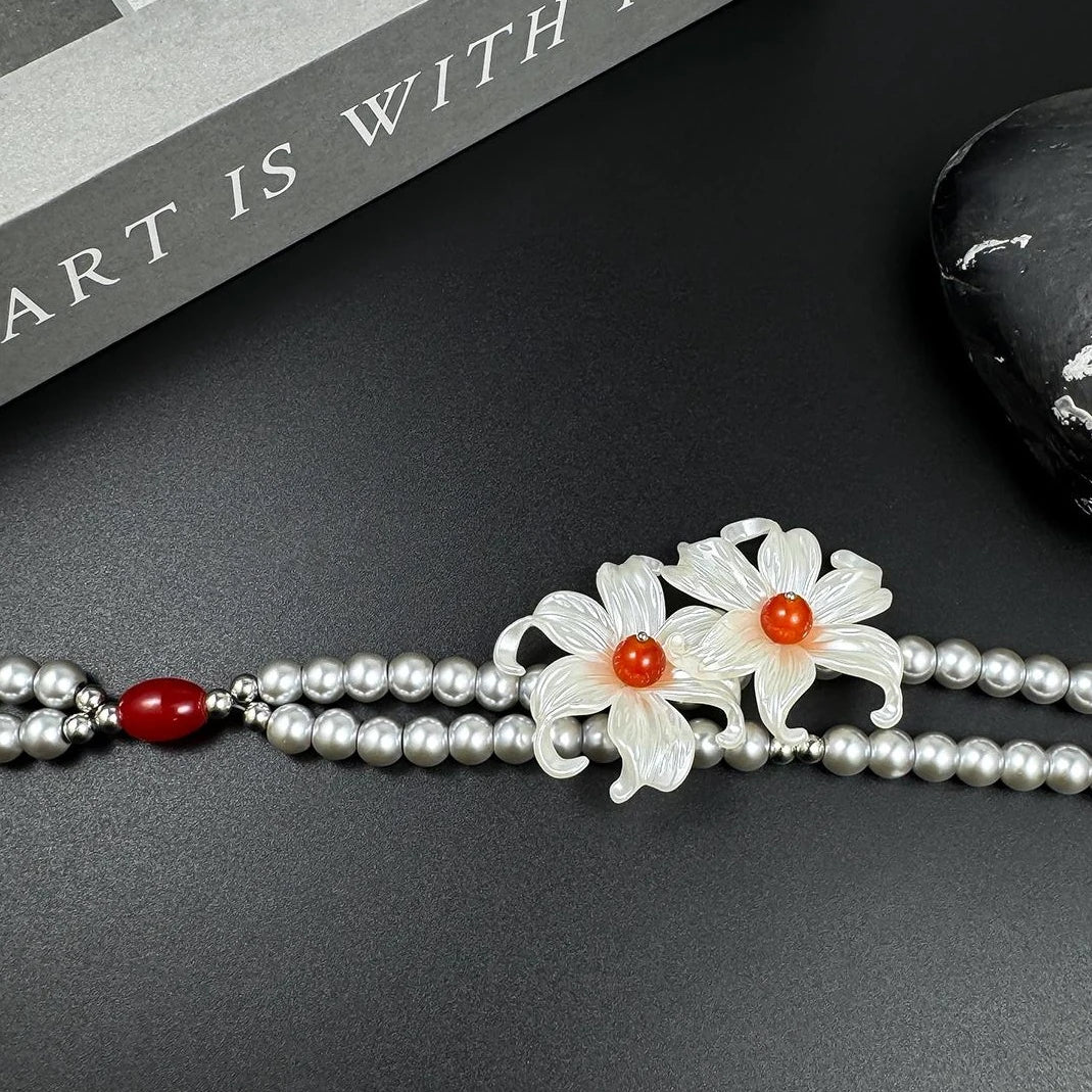 Accessories Elegant White Lily Grey Pearl Double Layer Necklace