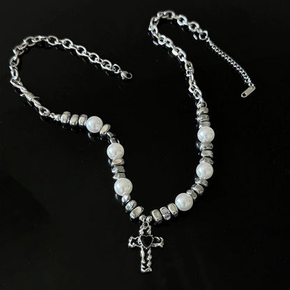Accessories Exaggerated Titanium Steel Cross Pearl Choker Necklace