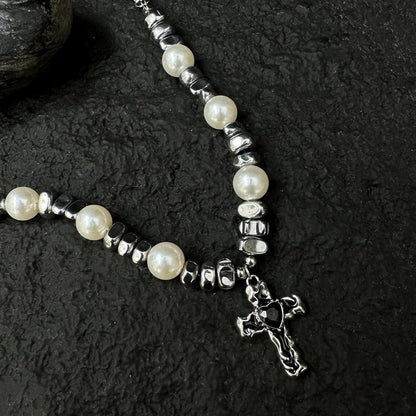 Accessories Exaggerated Titanium Steel Cross Pearl Choker Necklace