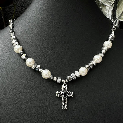 Accessories Exaggerated Titanium Steel Cross Pearl Choker Necklace