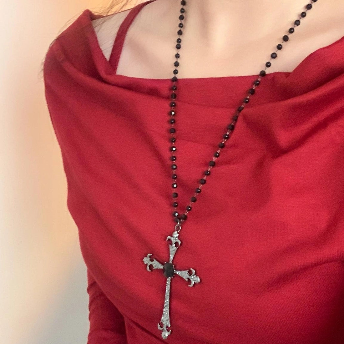 Accessories Gothic Black Beaded Cross Pendant Necklace