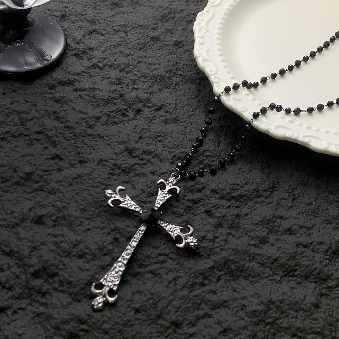 Accessories Gothic Black Beaded Cross Pendant Necklace