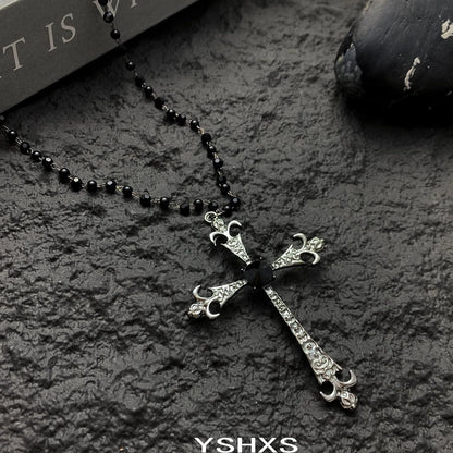 Accessories Gothic Black Beaded Cross Pendant Necklace