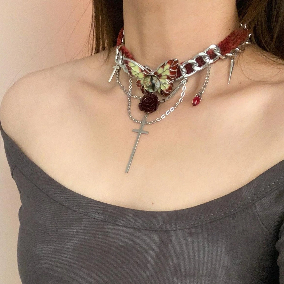 Accessories Gothic Butterfly Cross Velvet Choker Necklace