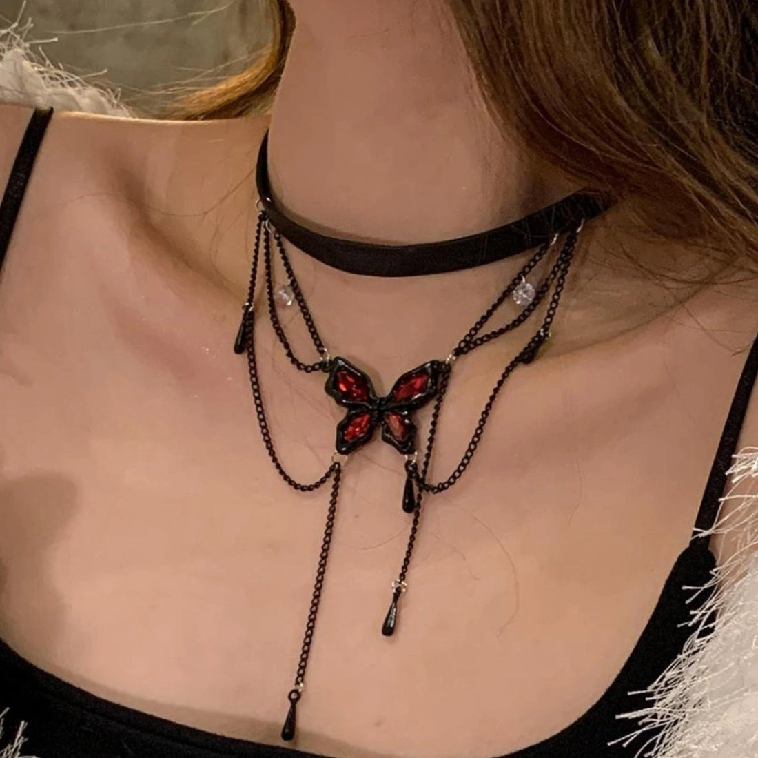 Accessories Gothic Butterfly Tassel Leather Choker