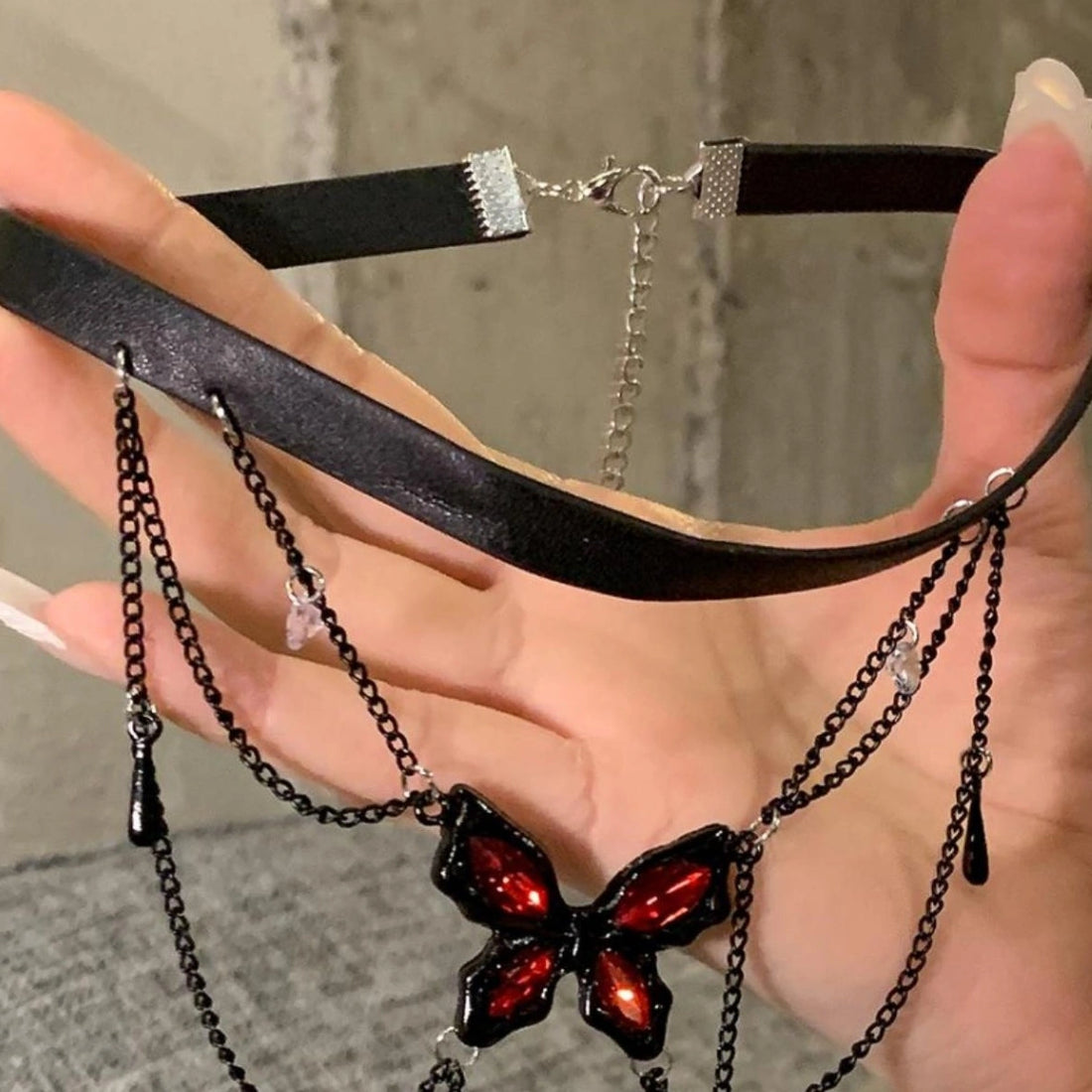 Accessories Gothic Butterfly Tassel Leather Choker