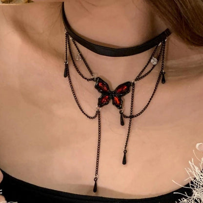 Accessories Gothic Butterfly Tassel Leather Choker