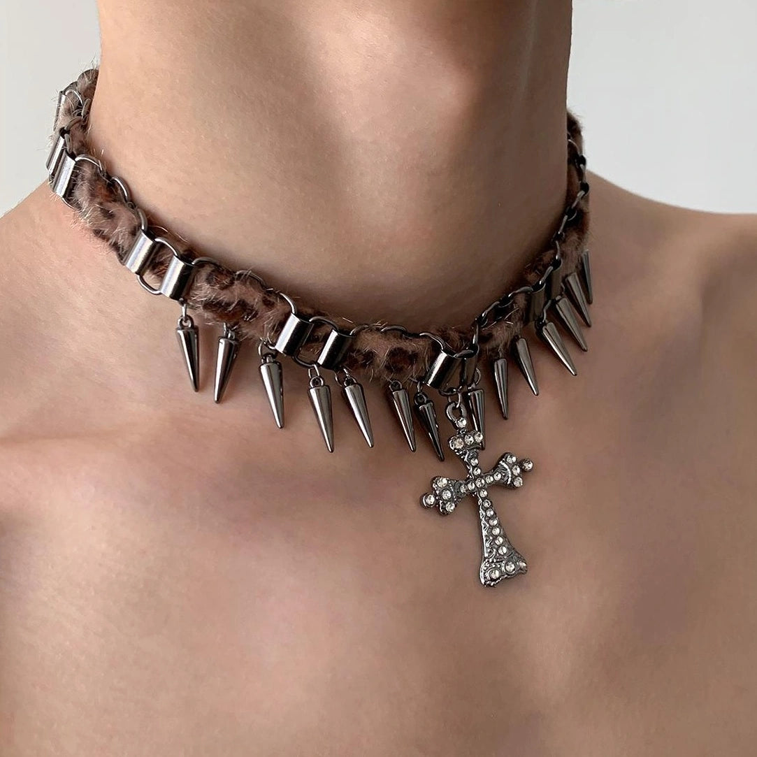 Accessories Gothic Cross Choker With Studs Fringe
