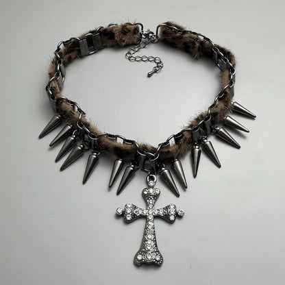 Accessories Gothic Cross Choker With Studs Fringe