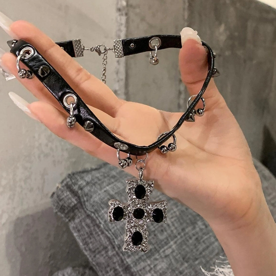 Accessories Gothic Cross Leather Choker Necklace