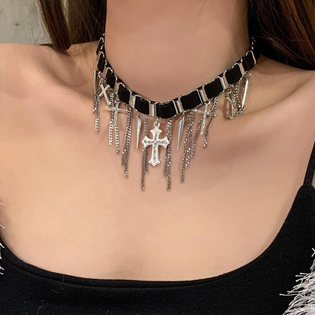 Accessories Gothic Cross Rivet Fringe Leather Choker Necklace