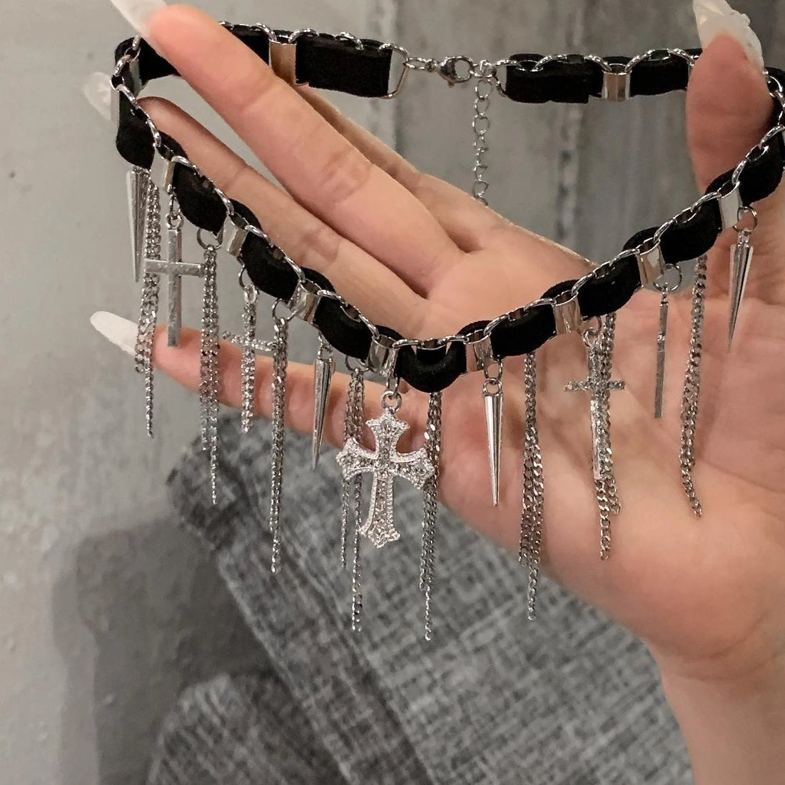 Accessories Gothic Cross Rivet Fringe Leather Choker Necklace