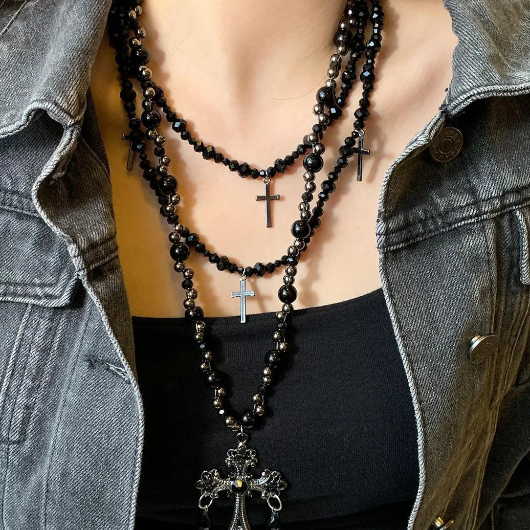 Accessories Gothic Layered Beaded Cross Necklace Set
