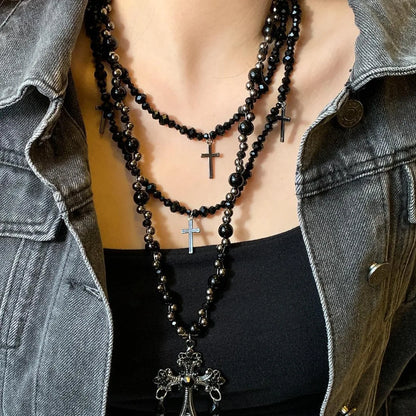 Accessories Gothic Layered Beaded Cross Necklace Set
