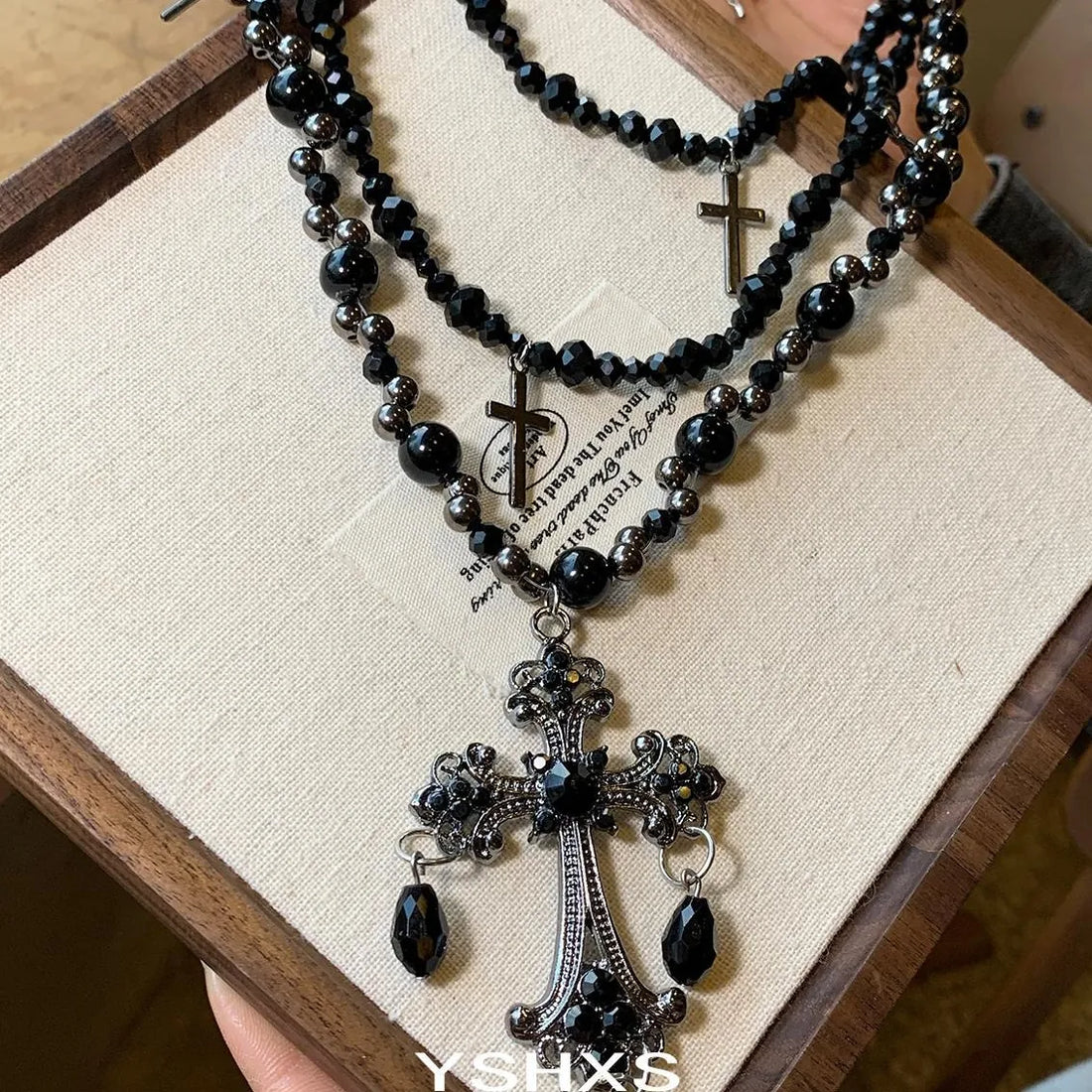 Accessories Gothic Layered Beaded Cross Necklace Set