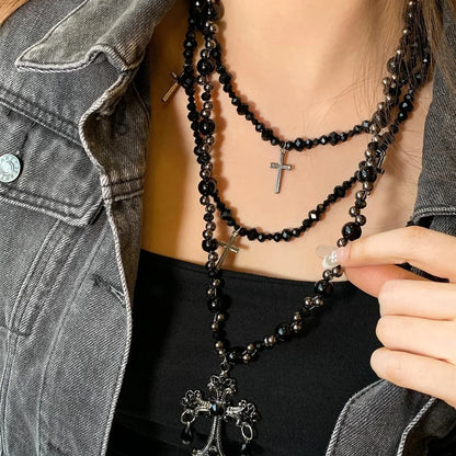 Accessories Gothic Layered Beaded Cross Necklace Set