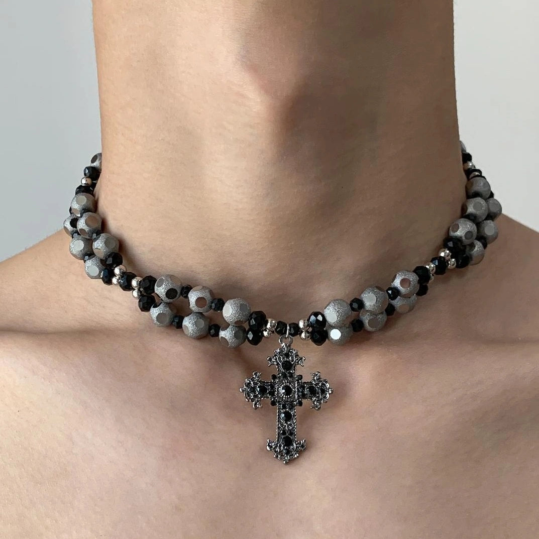 Accessories Gothic Layered Beaded Cross Pendant V-neck Necklace
