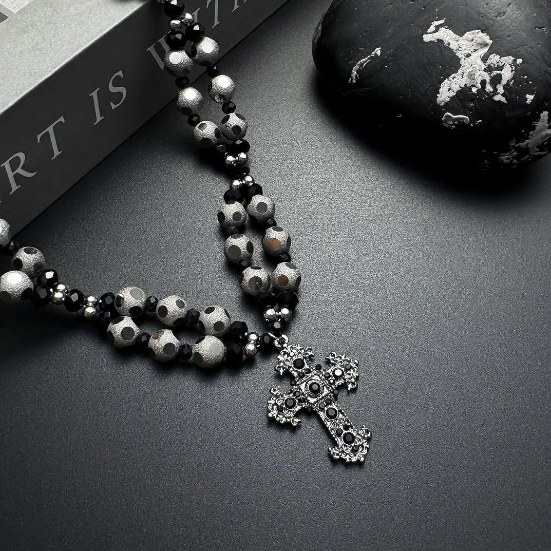 Accessories Gothic Layered Beaded Cross Pendant V-neck Necklace