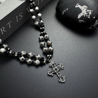 Accessories Gothic Layered Beaded Cross Pendant V-neck Necklace