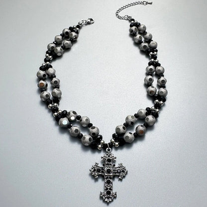 Accessories Gothic Layered Beaded Cross Pendant V-neck Necklace