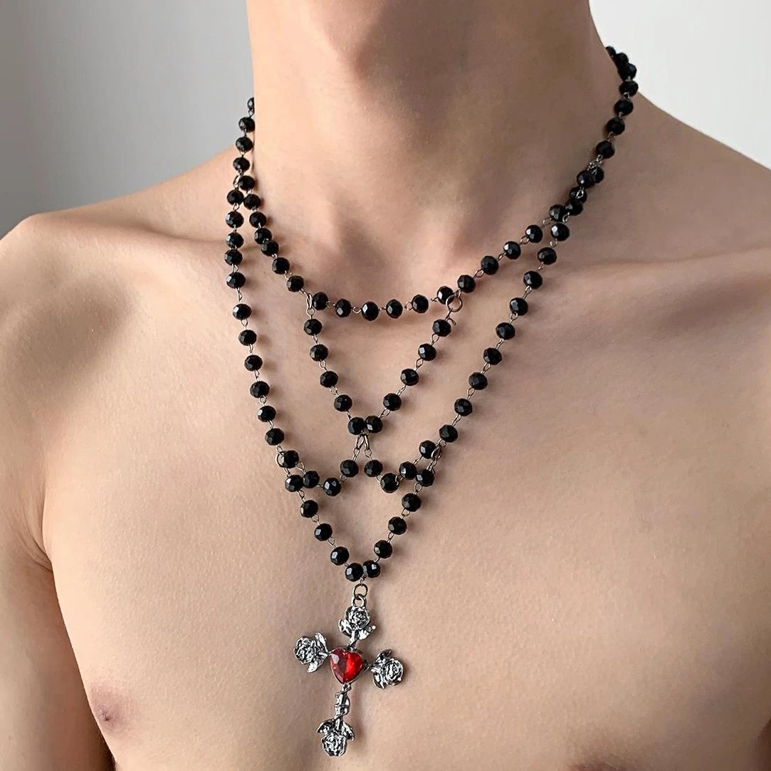 Accessories Gothic Layered Black Cross Bead Necklace