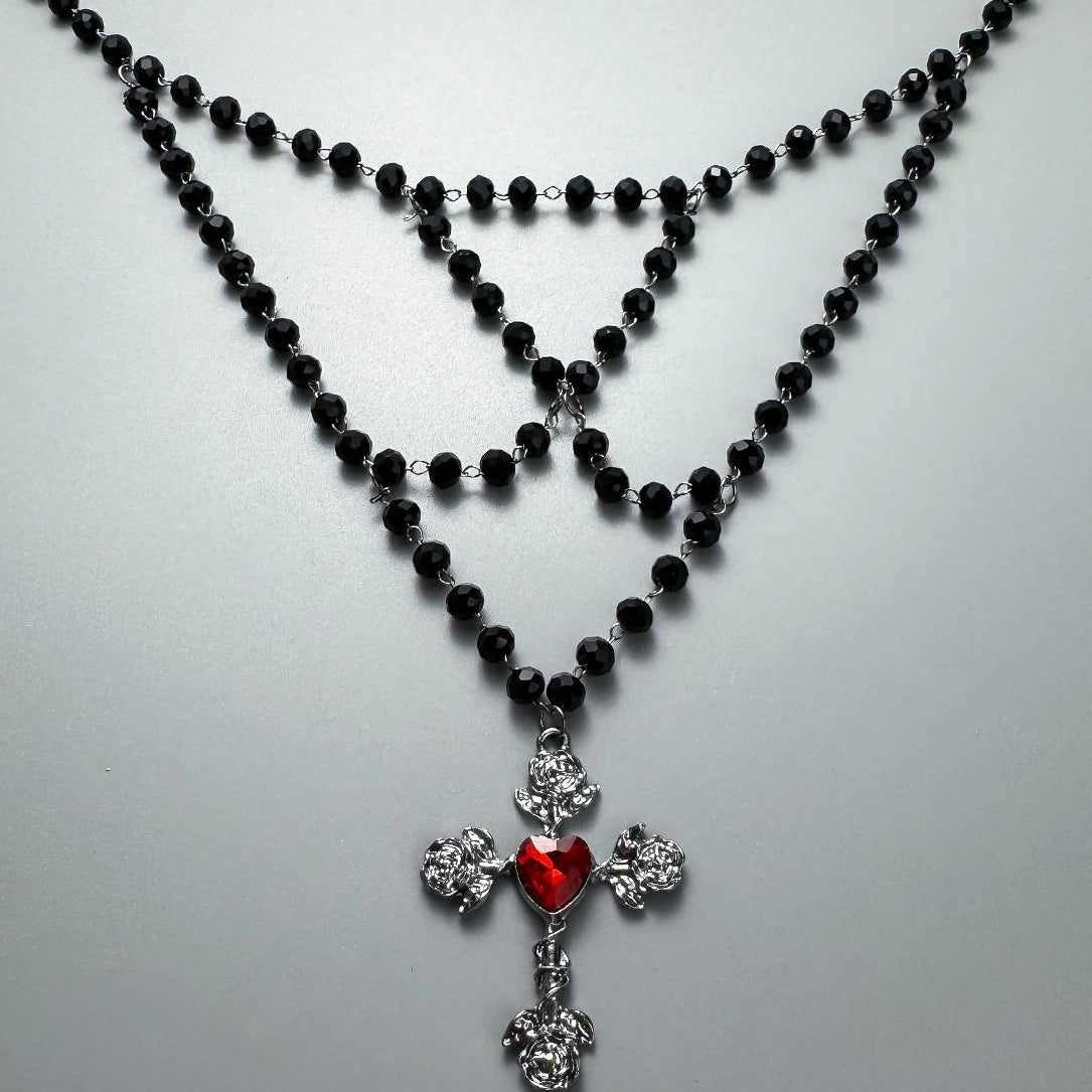 Accessories Gothic Layered Black Cross Bead Necklace