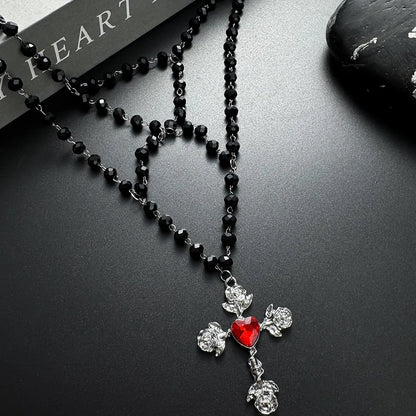Accessories Gothic Layered Black Cross Bead Necklace