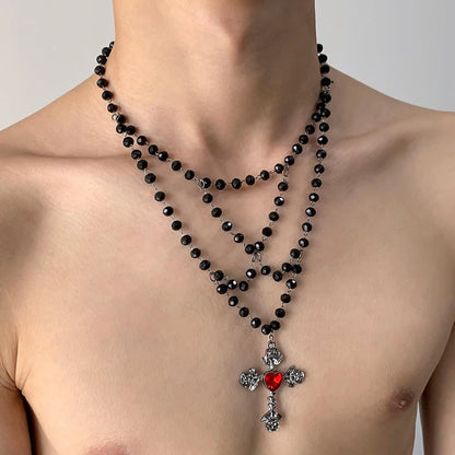 Accessories Gothic Layered Black Cross Bead Necklace