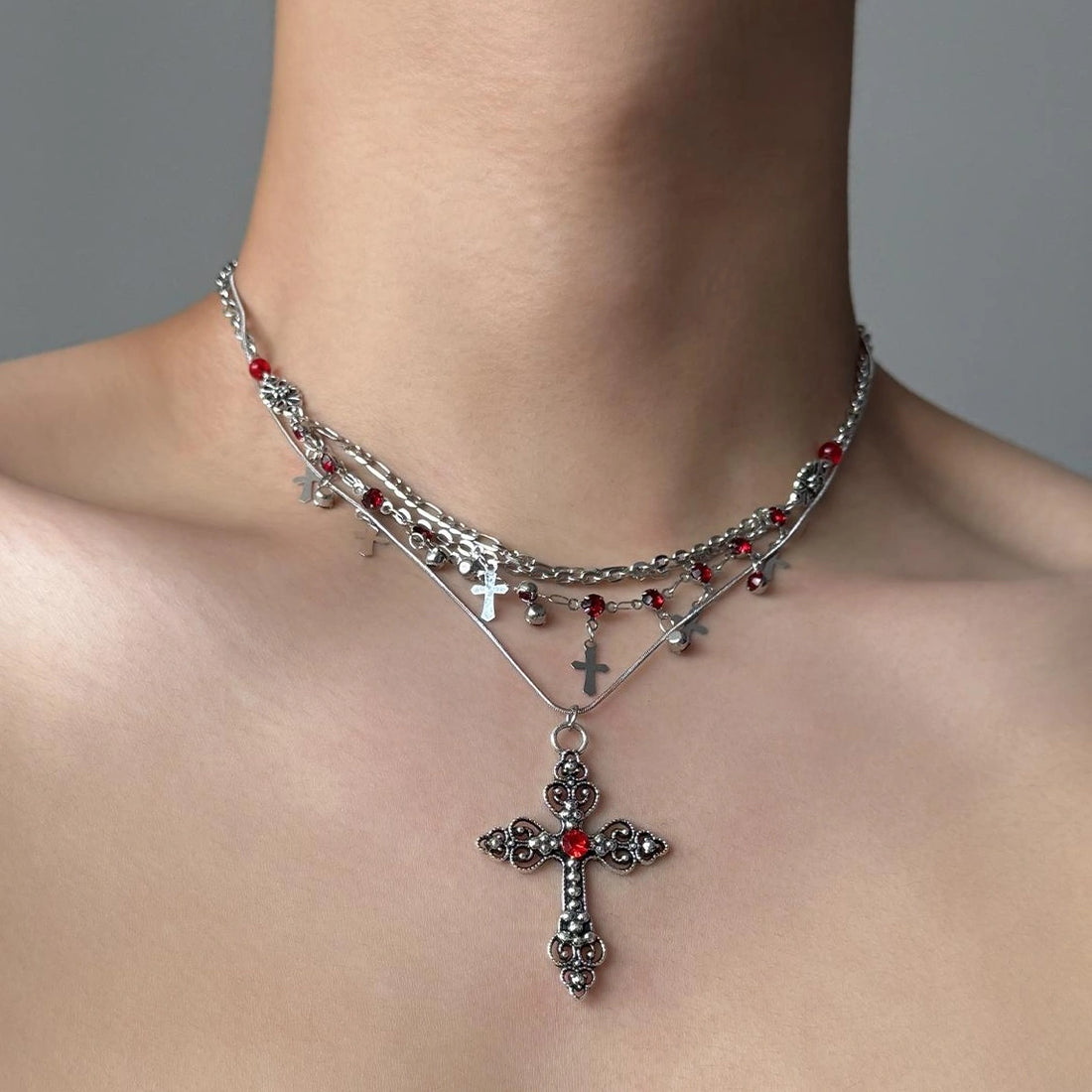 Accessories Gothic Layered Fringe Cross Pendant Necklace