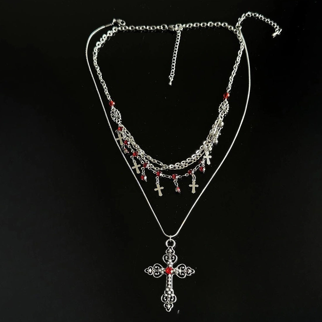 Accessories Gothic Layered Fringe Cross Pendant Necklace