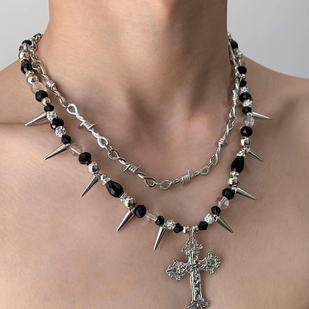 Accessories Gothic Punk Double Layer Cross Spike Bead V-neck Necklace