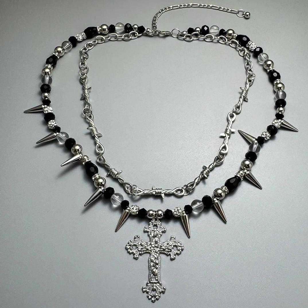 Accessories Gothic Punk Double Layer Cross Spike Bead V-neck Necklace