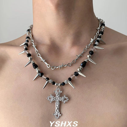 Accessories Gothic Punk Double Layer Cross Spike Bead V-neck Necklace