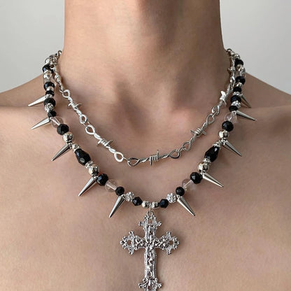 Accessories Gothic Punk Double Layer Cross Spike Bead V-neck Necklace
