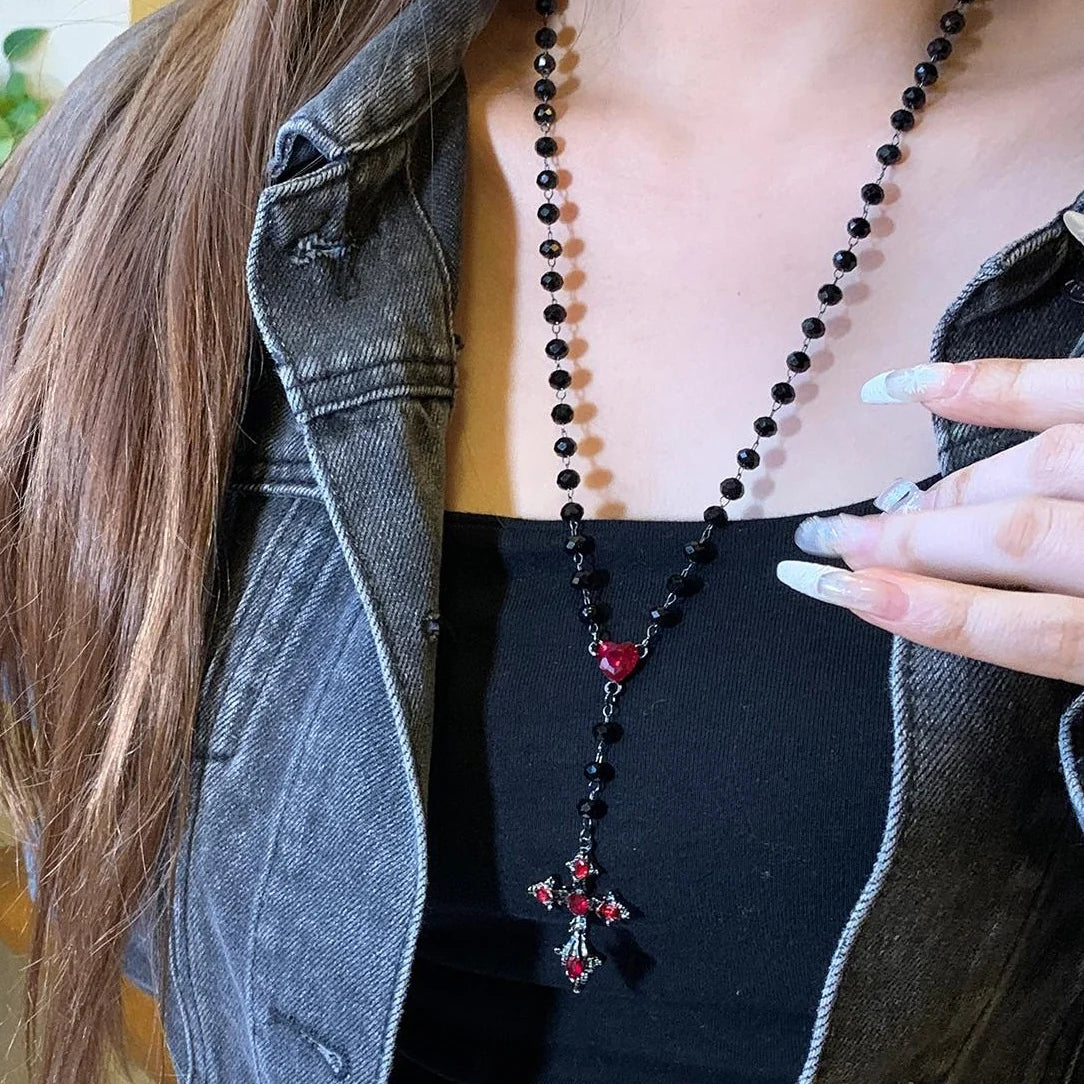 Accessories Gothic Red Cross Tassel Pendant Necklace